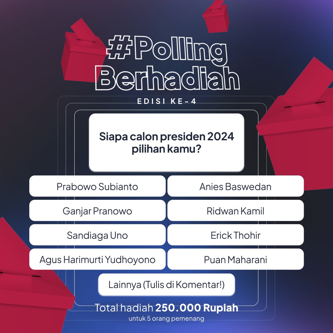 polling24's tweet image. Polling24 mau bagi-bagi 250k untuk 5 orang pemenang nih!  

Yuk ikutan #PollingBerhadiah Edisi ke-4 dari #Polling24!  

Good luck! 
#GiveawayIndonesia #GiveawayIndo #Giveaway #Polling #PollingIndonesia #Polling24