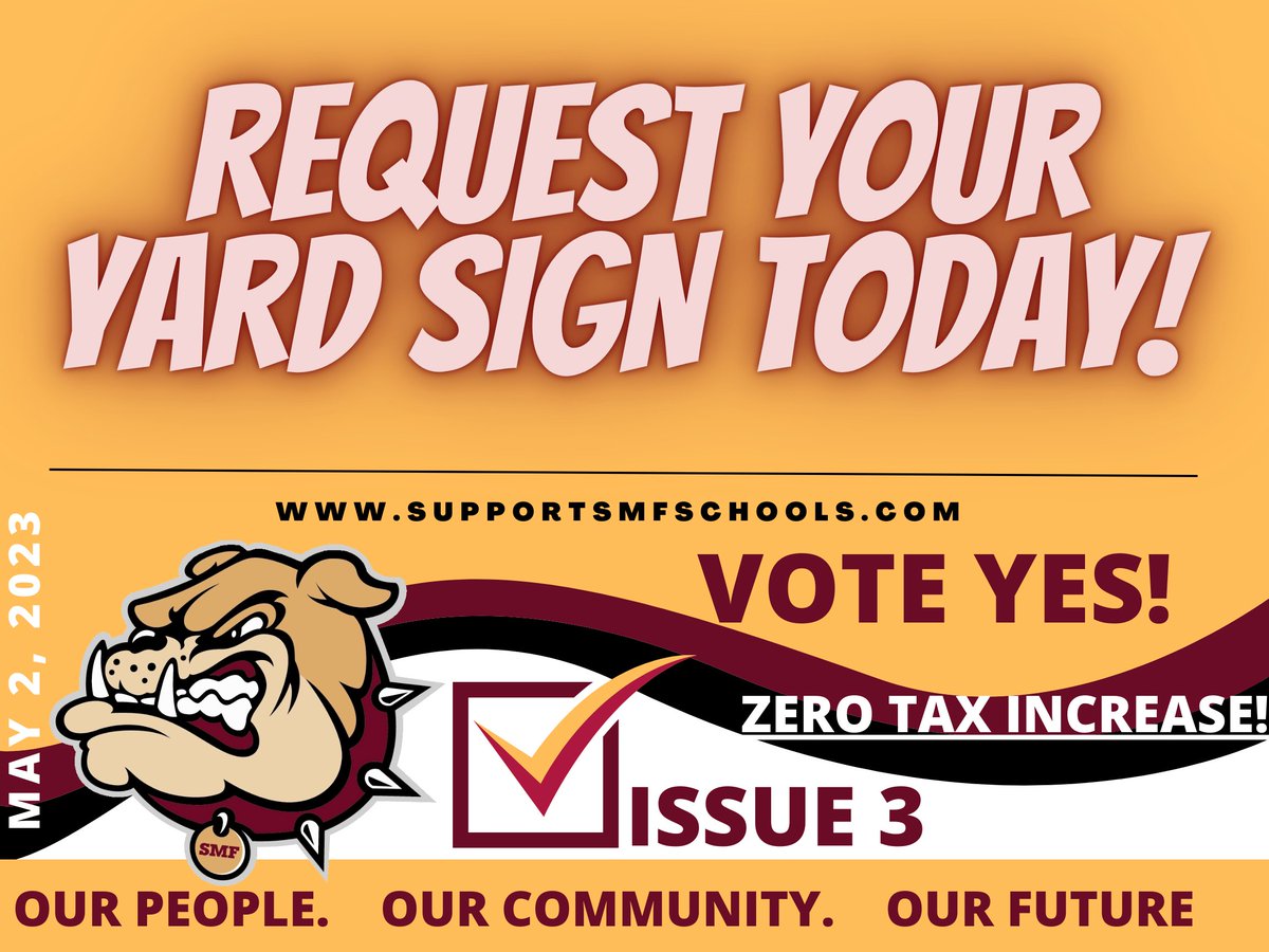 SupportSMF's tweet photo. Request your yard sign to support the SMF Schools levy on the ballot on May 2! This is a ZERO TAX INCREASE renewal levy! 
Click here to reserve your sign today!  https://t.co/RHEykWcgki 
*We will deliver &amp; pick up the sign for you!* 
Thank you for your continued support! https://t.co/bA92fwhjCX