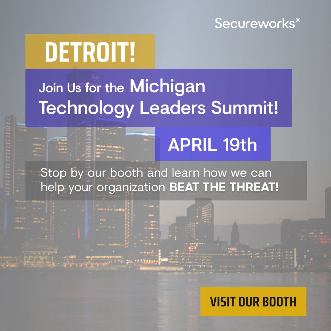 Are you a #techleader based in Detroit? Be sure to attend the Michigan Technology Leaders Summit to connect with Secureworks!
 
📅 April 19th
📍 One Campus Martius, Detroit, MI
 
@SIMDetroit #Cybersecurity #STEM bit.ly/3Mwj9Zd