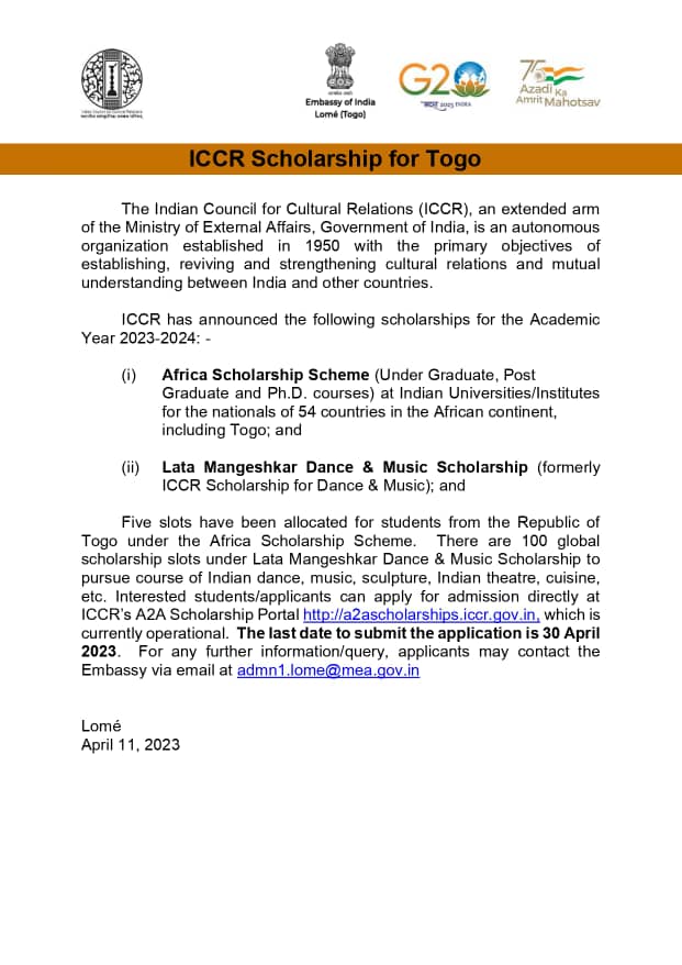 eoilome's tweet photo. @eoilome is pleased to inform that ICCR (Indian Council for Cultural Relations) Scholarships for Academic Year 2023-24 are open to Togolese students. Embassy invites applications from interested students to avail the ICCR Scholarships. Details in the image below 
@iccr_hq https://t.co/UC5tUSIOtb