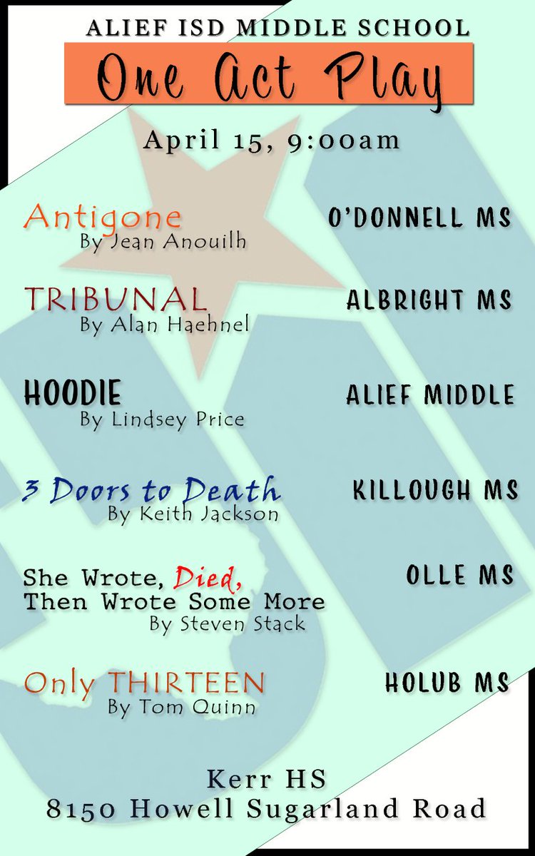 CastKillough's tweet photo. Who is looking for free, family fun? Look no further. Saturday all Alief ISD Middle Schools will be competing in the One Act Play competition. Support Killough Cast &amp; Crew at noon. #riseabove #theatre https://t.co/5Scv2Y2ntc