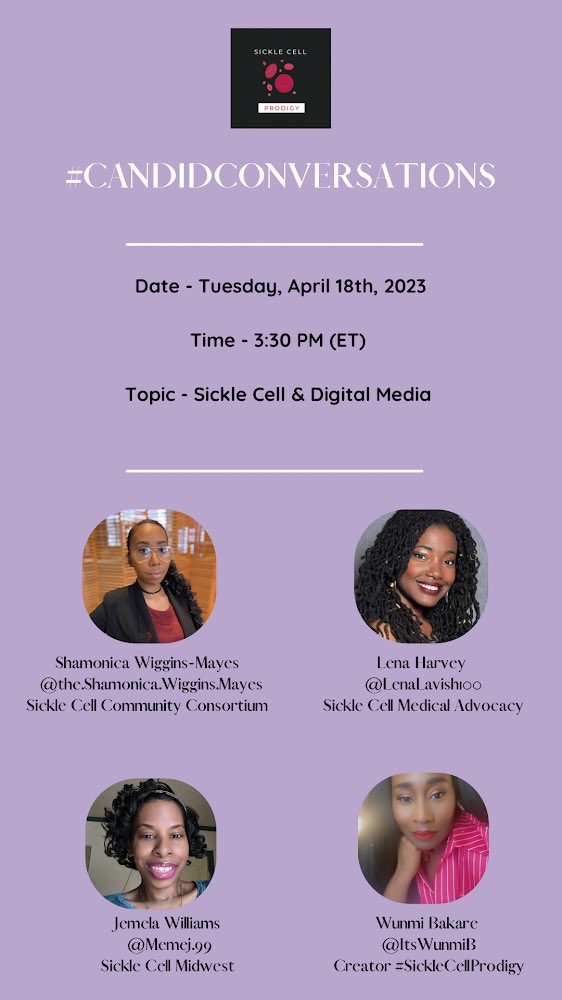 SCProdigy's tweet photo. We will discuss the topic “Sickle Cell and Digital Media.”
The experts will discuss the important role that social media plays in advocacy, how they have streamlined their approach to SCD advocacy… https://t.co/FgsYyXH5dR