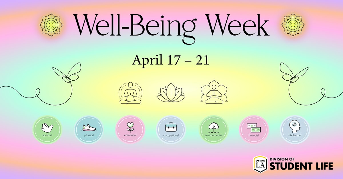 CalStateLALife's tweet image. Well-Being Week at #CalStateLA kicks off on April 17! From physical exercise to a relaxing spa day, check out all the ways you can focus on your wellness right here on campus: bit.ly/calstatelawell….