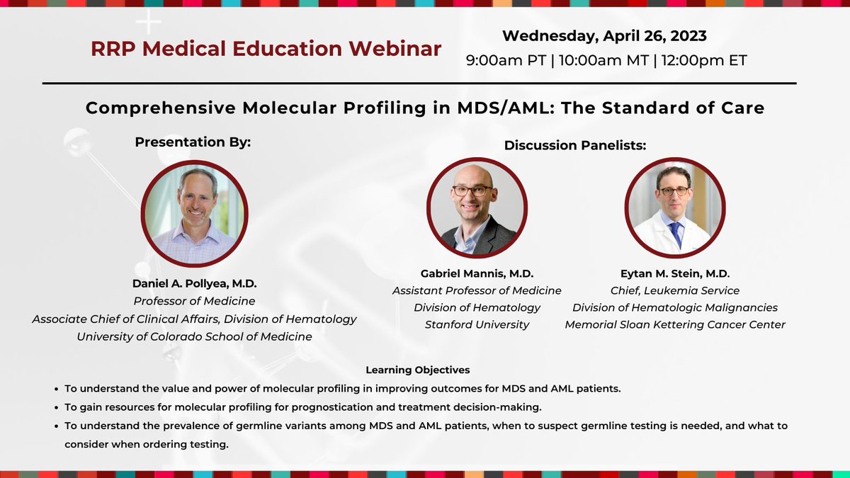 RUNX1 Research Program (@runx1research) on Twitter photo Learn about the value & power of molecular profiling in improving outcomes for MDS & AML patients at RRP's #meded webinar Wed, April 26 w/ Dr. <a href="/DanPollyea/">Daniel Pollyea</a> & guest panelists Dr. Eytan Stein <a href="/MSKCancerCenter/">Memorial Sloan Kettering Cancer Center</a> & Dr. Gabriel Mannis <a href="/StanfordHealth/">Stanford Health Care</a>
Register: ow.ly/kAIf50NolCP Learn about the value & power of molecular profiling in improving outcomes for MDS & AML patients at RRP's #meded webinar Wed, April 26 w/ Dr. <a href="/DanPollyea/">Daniel Pollyea</a> & guest panelists Dr. Eytan Stein <a href="/MSKCancerCenter/">Memorial Sloan Kettering Cancer Center</a> & Dr. Gabriel Mannis <a href="/StanfordHealth/">Stanford Health Care</a>
Register: ow.ly/kAIf50NolCP