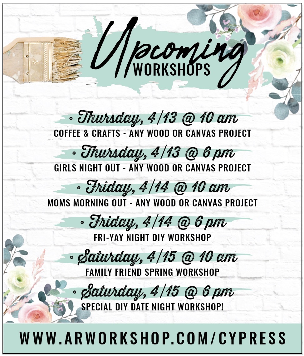Make plans for this week - Moms Morning Out, Girls Night, or Date Night! Register here: arworkshop.com/cypress/#sched…