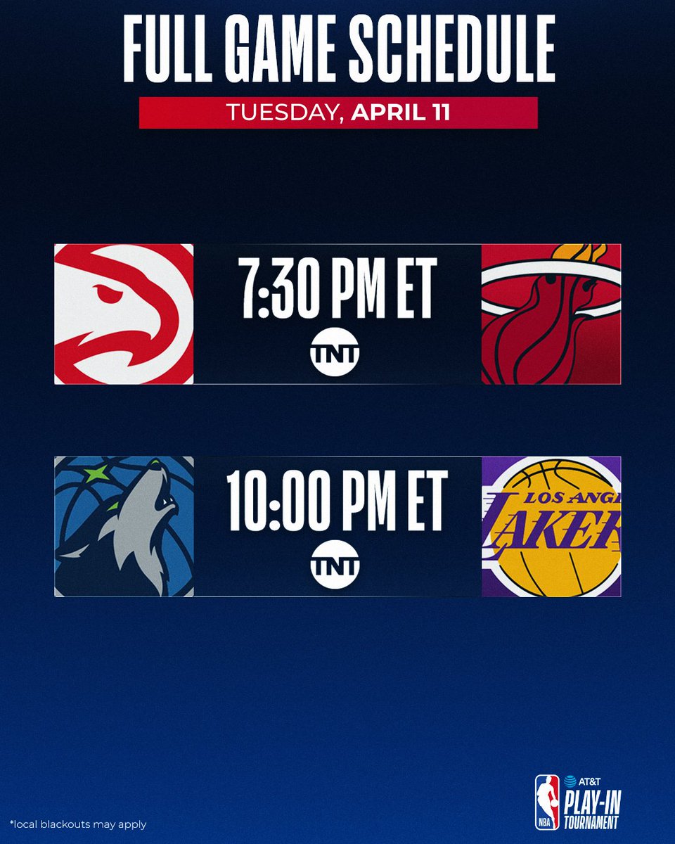 NBA's tweet image. It's time. #ATTPlayIn action begins TONIGHT.

🆚: #8 Hawks at #7 Heat 
⏰: 7:30pm/et on TNT    

🆚: #8 Timberwolves at #7 Lakers 
⏰: 10pm/et on TNT
