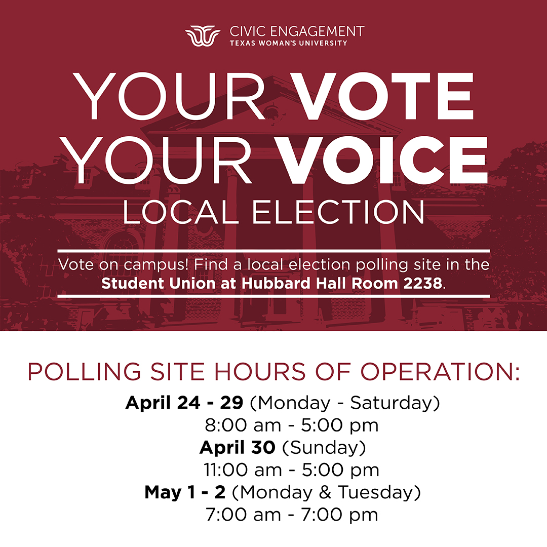 twucsd's tweet photo. TWU is confirmed as a polling site in the upcoming local election! Check the dates to find out when you can vote! Voting will take place in Hubbard Hall. 🗳️ #TXWomans https://t.co/g5cE5GQqus