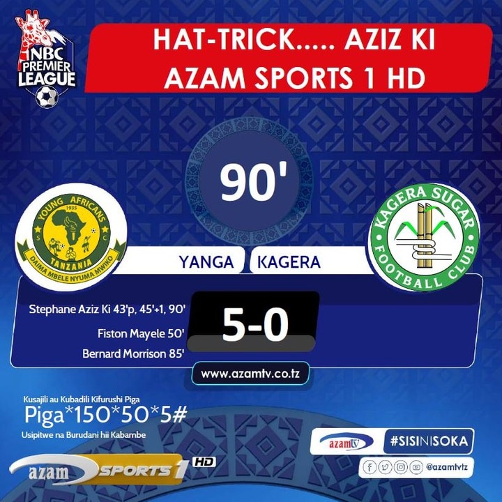 #NBCPL Gooooal……!!! Ni #hattrick kwa Stephane Aziz Ki.

90’: Yanga 5-0 Kagera Sugar

‘Game LIVE’ #AzamSports1HD 

#NBCPremierLeague #LigiKuuYaNBC #NBCPLUpdates #NBCPL #SisiNiSoka #SokaLetuBambam #YangaSC #KageraSugar #YangaKagera