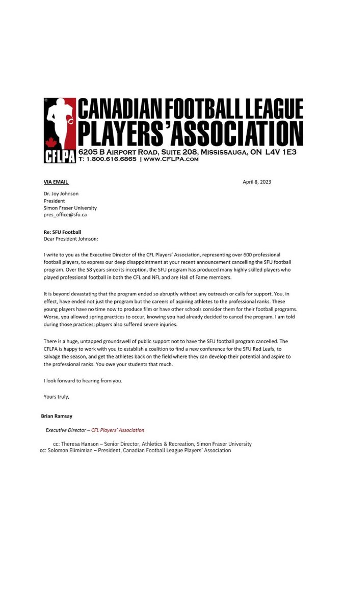 A Letter From the CFLPA Regarding Simon Fraser University Football: