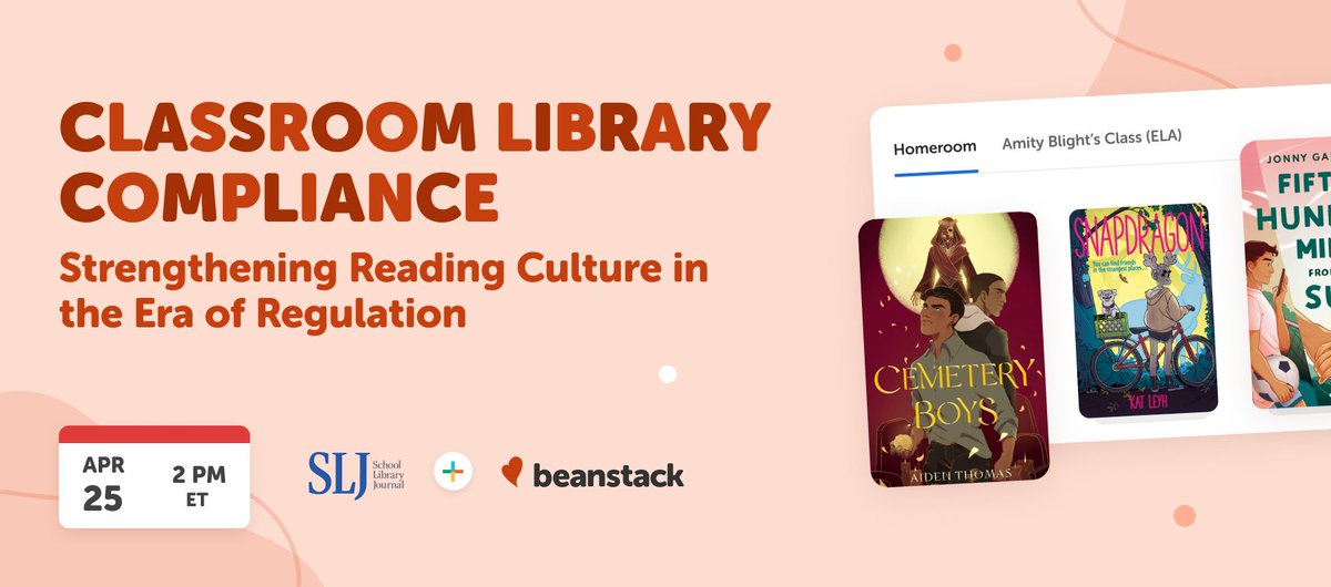 beanstackapp's tweet photo. Join @SLJournal and #Beanstack 4/25/23 for a webinar showcasing a feature in beta, the Classroom Library Connector. Its main goal is to motivate students to read books in classroom libraries + foster teacher-media specialist collaboration. Register today https://t.co/PVUQ4RIDJm https://t.co/UeWTLJ0zvS