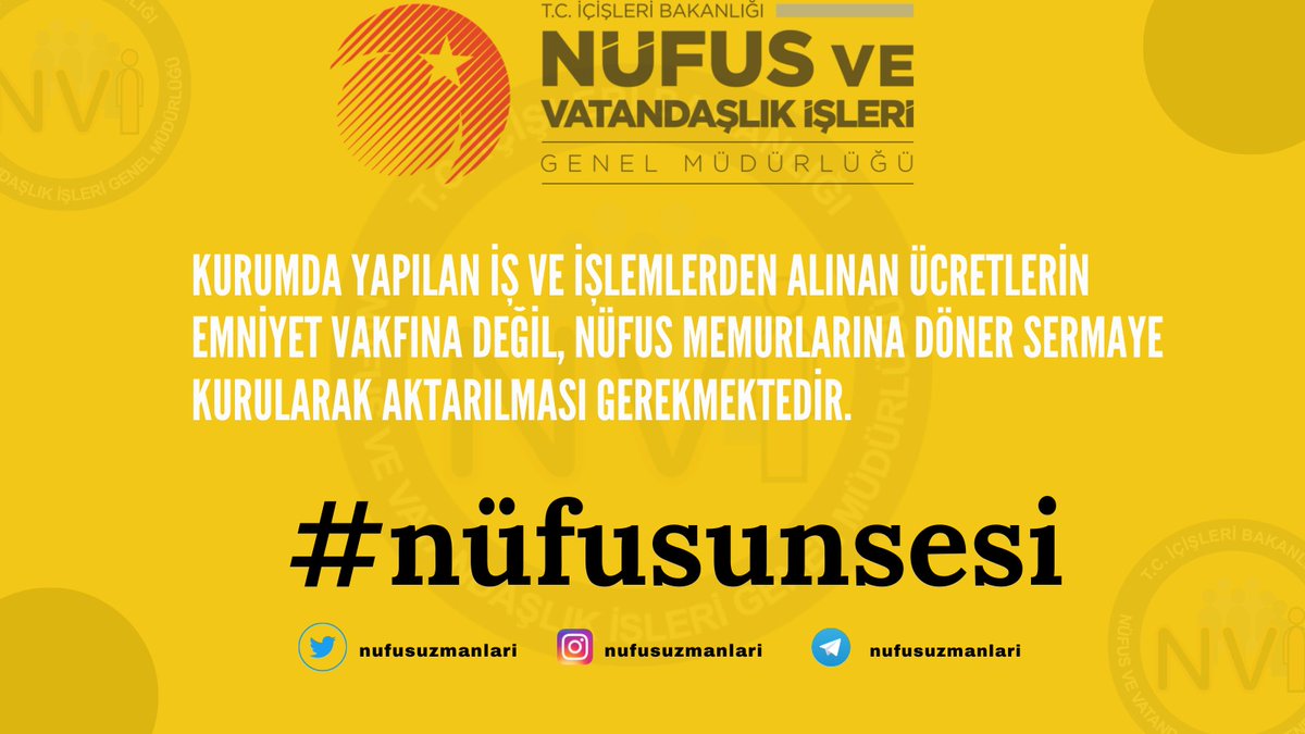 Kurumda yapılan iş ve işlemlerden alınan ücretlerin Emniyet Vakfı’na aktarıldığı bilinmektedir. Bu oluşan paydan Döner sermaye sistemi kurularak adil bir dağıtım ile personelin payının verilmesi talep ediyoruz.
<a href="/RTErdogan/">Recep Tayyip Erdoğan</a> <a href="/suleymansoylu/">Süleyman Soylu</a> <a href="/sefikaygol/">Şefik AYGÖL</a> <a href="/vedatbilgn/">Vedat Bilgin</a>  #nüfusunsesi