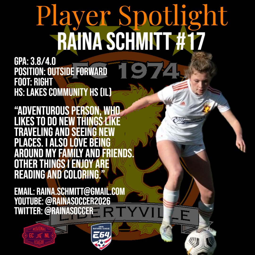 🚨🚨🚨PLAYER SPOTLIGHT🚨🚨🚨
<a href="/FC1974GLSA/">GLSA FC 1974 Libertyville</a>  and <a href="/lakeseagles_GS/">Lakes Girls Soccer</a> :

Raina Schmitt <a href="/RainaSoccer/">Raina Schmitt</a> 

<a href="/ImYouthSoccer/">ECNL/GA/Recruiting/College Soccer</a> <a href="/ImCollegeSoccer/">College Soccer Truth ™</a>