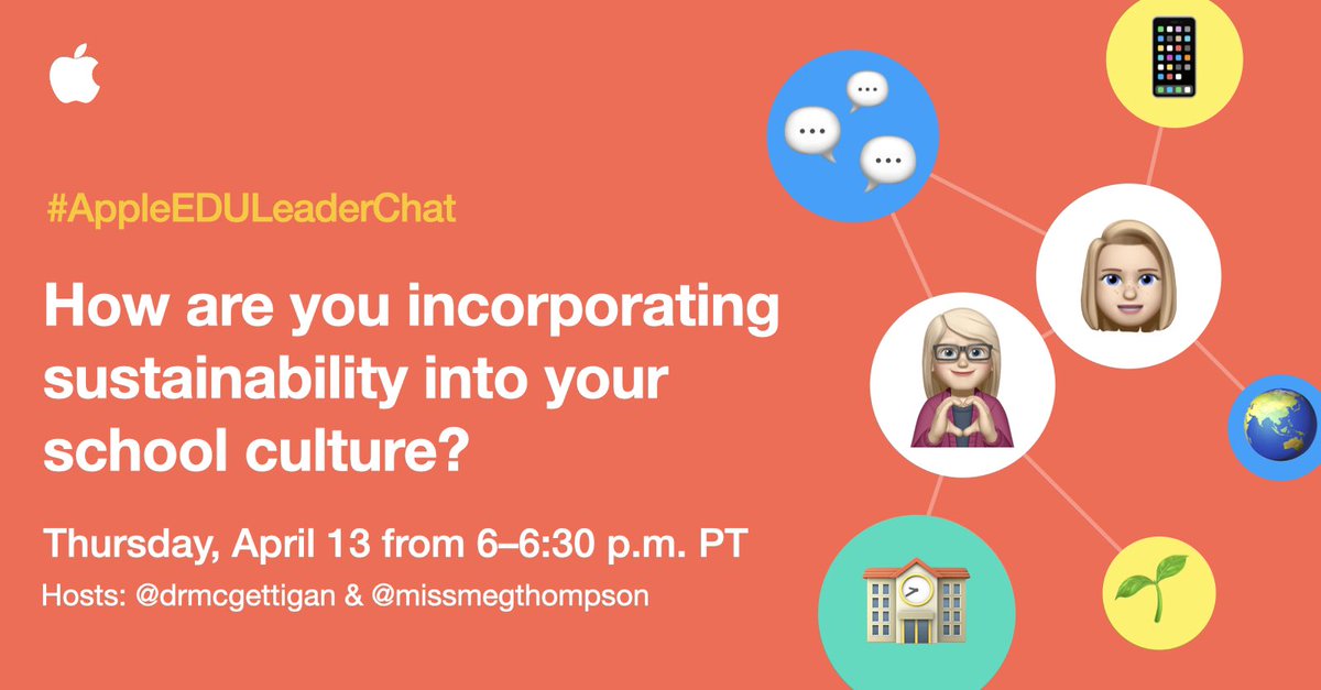 Hey! 👨‍🌾🪴Join @drmcgettigan & @missmegthompson for #AppleEDULeaderChat: How are you incorporating sustainability into your school culture? How can Ss work globally 🌏 & tell that story? @NikoleBlanch19 @AdamSlaterEDU @cinehead @TraciPiltz @smalchow @morgv3 @alytormala