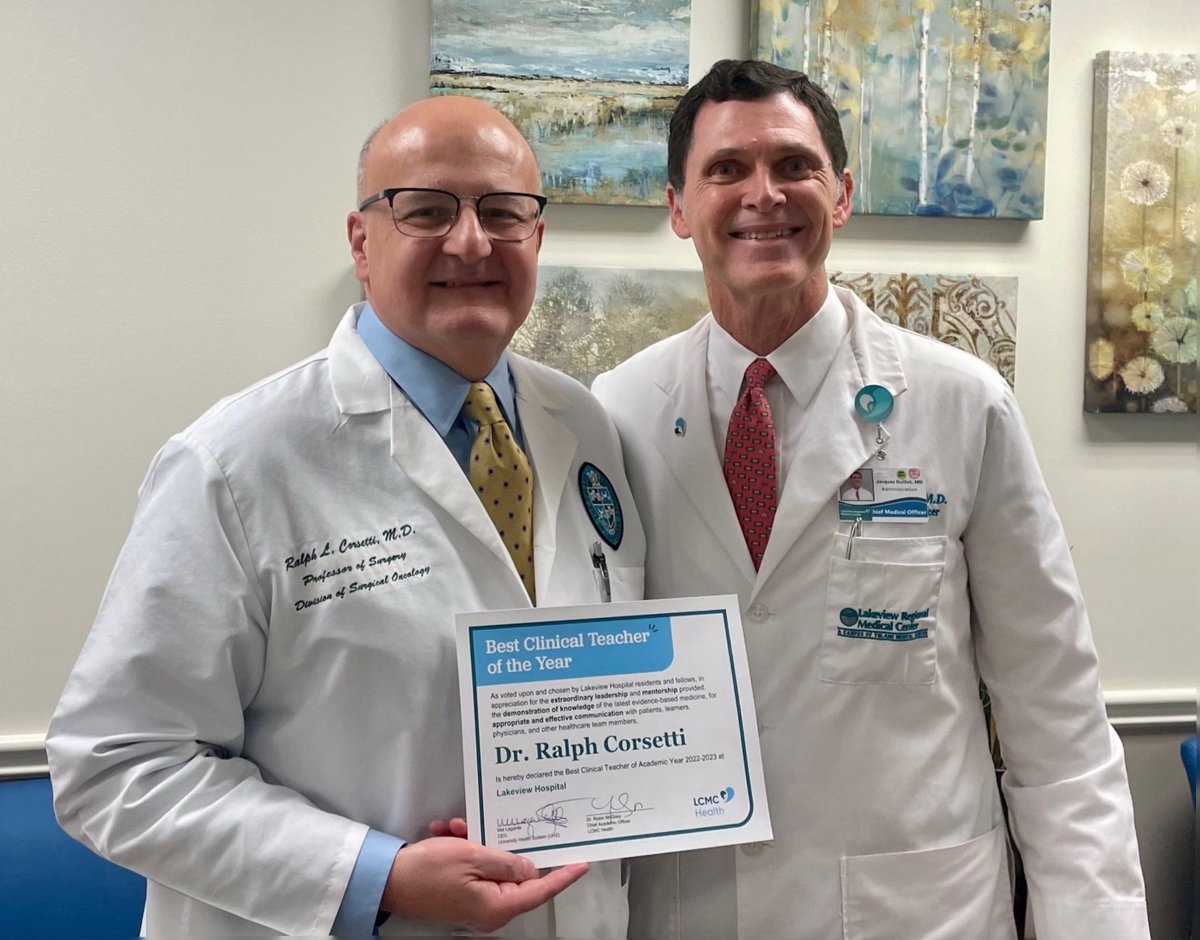 Tulane_Surgery's tweet photo. This morning, Dr. Ralph L. Corsetti was awarded "Best Clinical Teacher of the Year" at Lakeview Regional Medical Center. Residents and fellows voted on this award. Congratulations, Dr. Corsetti! #TulaneSurgery #TulaneMed #Lcmc #surgeon https://t.co/wk8c42PL2C