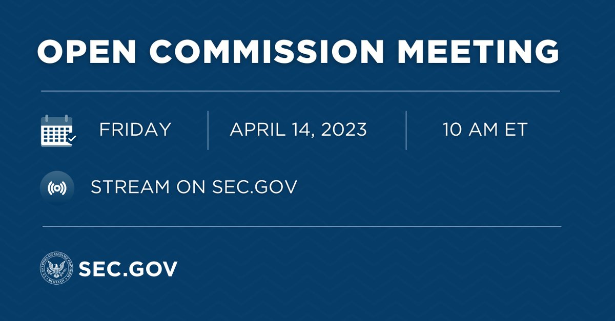 GenslerArchive's tweet photo. 🗓️ Open Commission Meeting 🗓️

Friday, April 14th, at 10am ET, we’ll have an open meeting to consider whether reopening the comment period for proposed amendments regarding the definition of “exchange” as set forth in Securities Exchange Act.
 
Tune in: https://t.co/2W0Wg3OVxL https://t.co/kjDNSYChLz