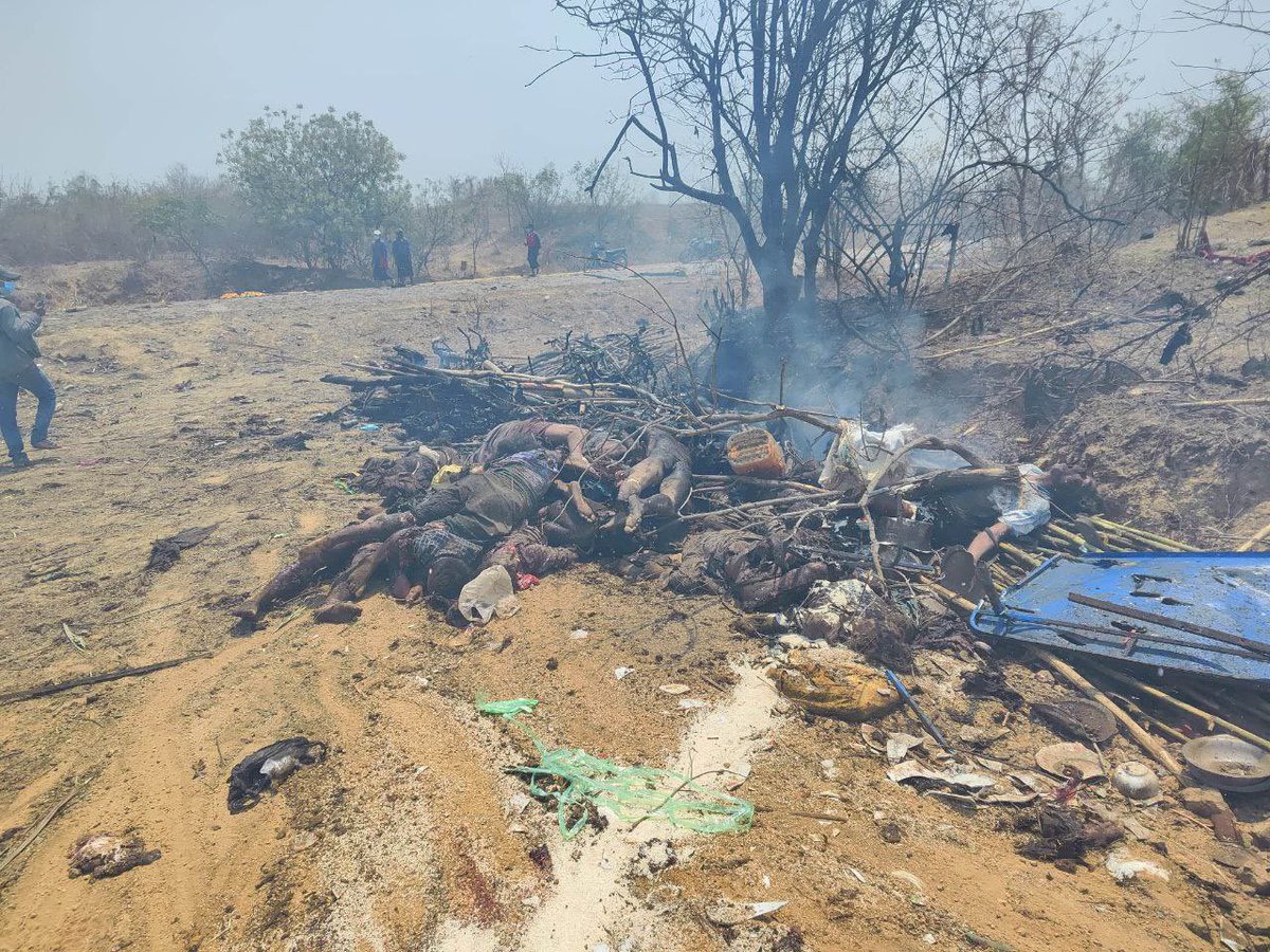 NanLin96's tweet photo. Another war crime committed by Myanmar Air Force &amp; terrorists military. As of now, at least 100 civilians, including women &amp; children, were killed by air strikes at the village of Pa Zi Gyi in #Sagaing, #Myanmar

#WhatsHappeninginMyanmar
#CrimeAgainstHumanity #WarCrimesOfJunta https://t.co/N7qvKwpRJa