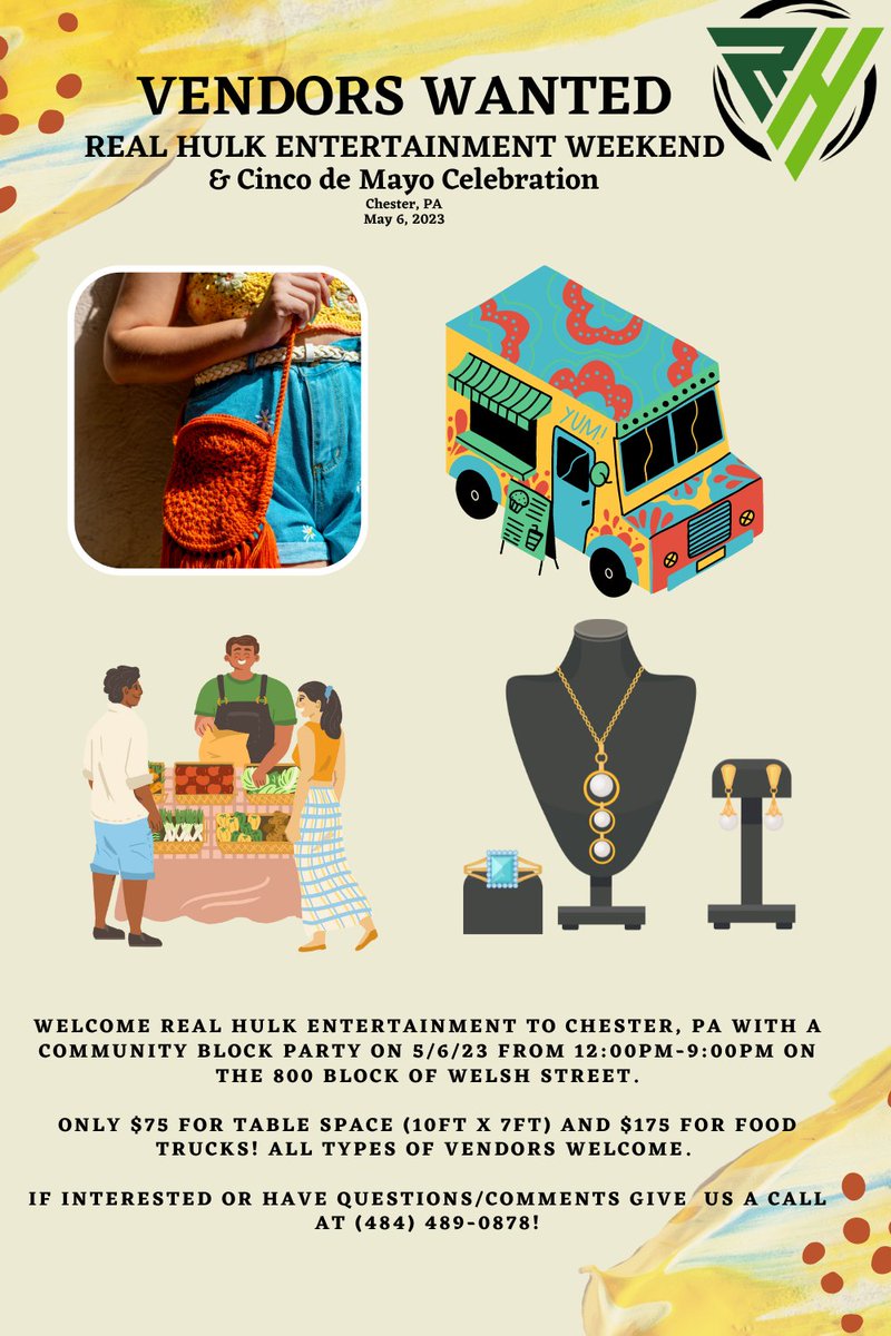 RealHulkRecords's tweet photo. Are you a small business looking to showcase your wares, talents, or services? Setup your vendor table or roll up with your food truck on Saturday, May 6, 2023, from 12:00PM to 9:00PM. https://t.co/MvulP5DrKd