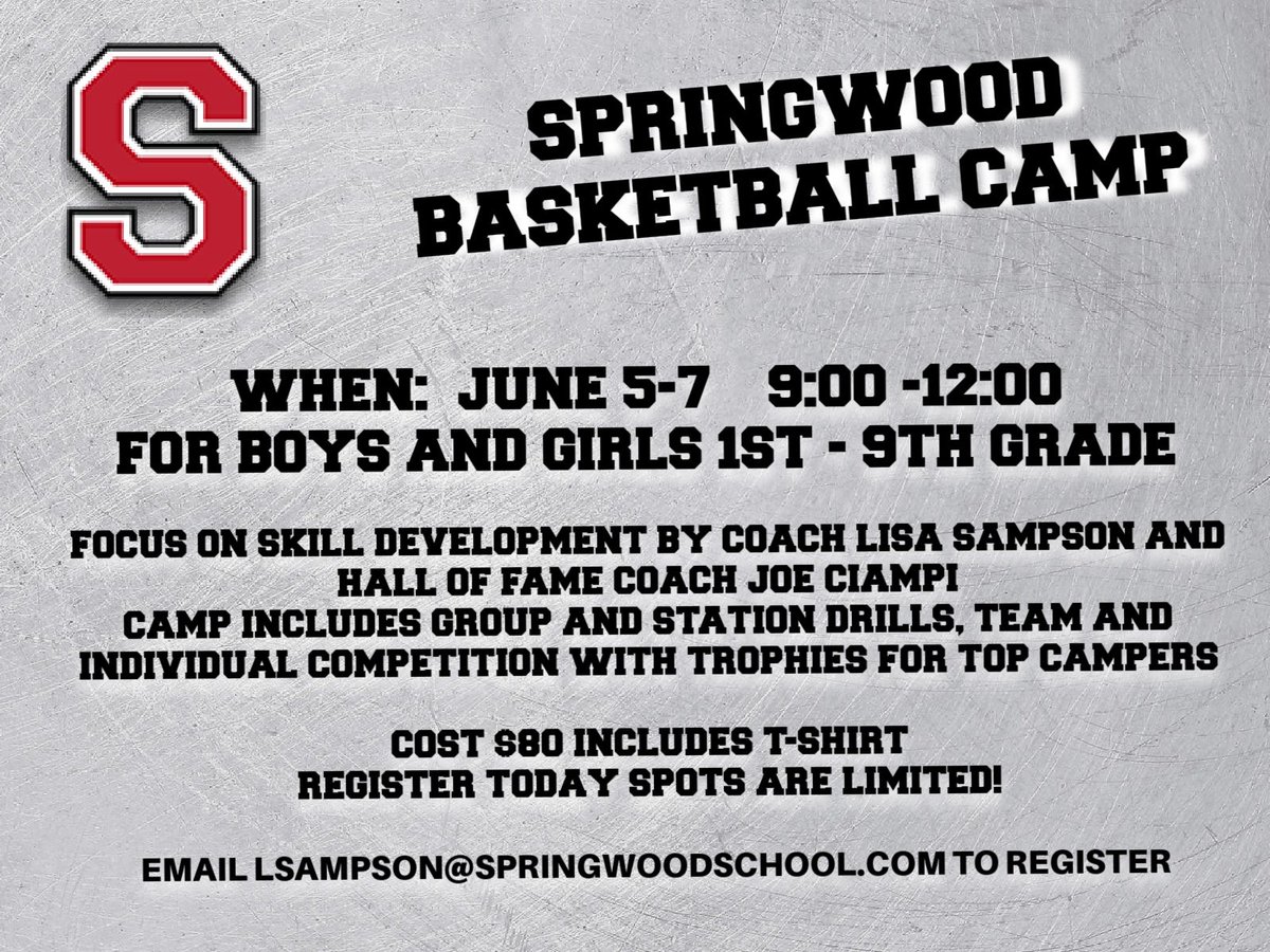 springwoodscho4's tweet photo. Springwood Basketball kids camp is set!! Get signed up today!! Coach Lisa, Coach Joe and Coach Calvin are ready!! Varsity players will help with the camp as a fundraiser to allow them to attend team camps this summer! Let’s go!! @Auburnraptor @lisasampsonddi @2n1per https://t.co/4LXZQxVOLR