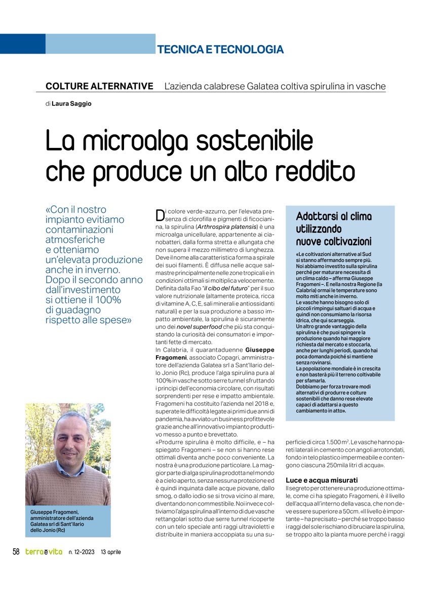 Copagri's tweet photo. #Spirulina: "la microalga sostenibile che produce un alto #reddito"; sull'ultimo numero di #TerraEVita la storia dell'imprenditore agricolo Giuseppe #Fragomeni, associato @CopagriCalabria e titolare dell'azienda #Galatea di Sant'Ilario dello Jonio (RC). https://t.co/edXGd3MSrT
