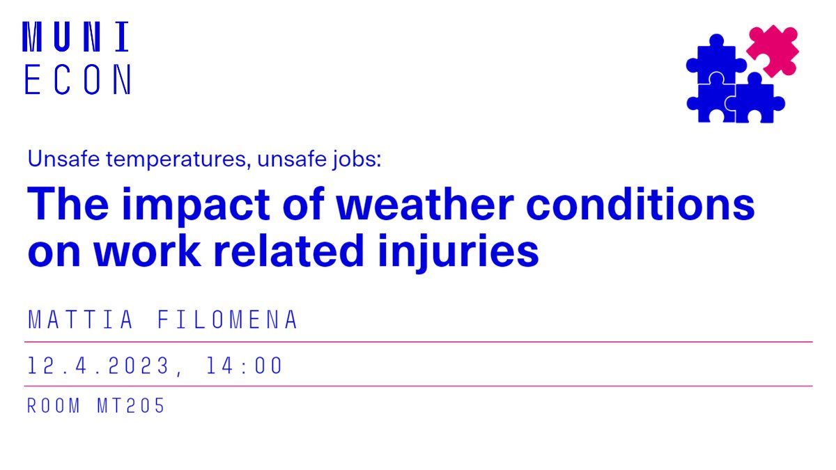 Věda a výzkum na ECON MUNI (@veda_econmuni) on Twitter photo 📢 #MUES research seminar
What is the impact of high or low temperatures on work related accident rates? 🔥❄️ This will be discussed tomorrow by Mattia Filomena (<a href="/filomena_mattia/">Mattia Filomena</a>).
Come in person or join online ⏩ mues.econ.muni.cz/research-semin… 📢 #MUES research seminar
What is the impact of high or low temperatures on work related accident rates? 🔥❄️ This will be discussed tomorrow by Mattia Filomena (<a href="/filomena_mattia/">Mattia Filomena</a>).
Come in person or join online ⏩ mues.econ.muni.cz/research-semin…