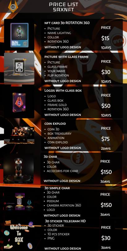 Sax_Token's tweet photo. ▫️This is a price list service from the sax team, there are several packages and also different prices,
for SAX Community. You can offer this to anyone. and get a fee of 10% of the order price.

Official website : https://t.co/gHKOXSrkrU #NFTComminity https://t.co/tyYDXqgxtI