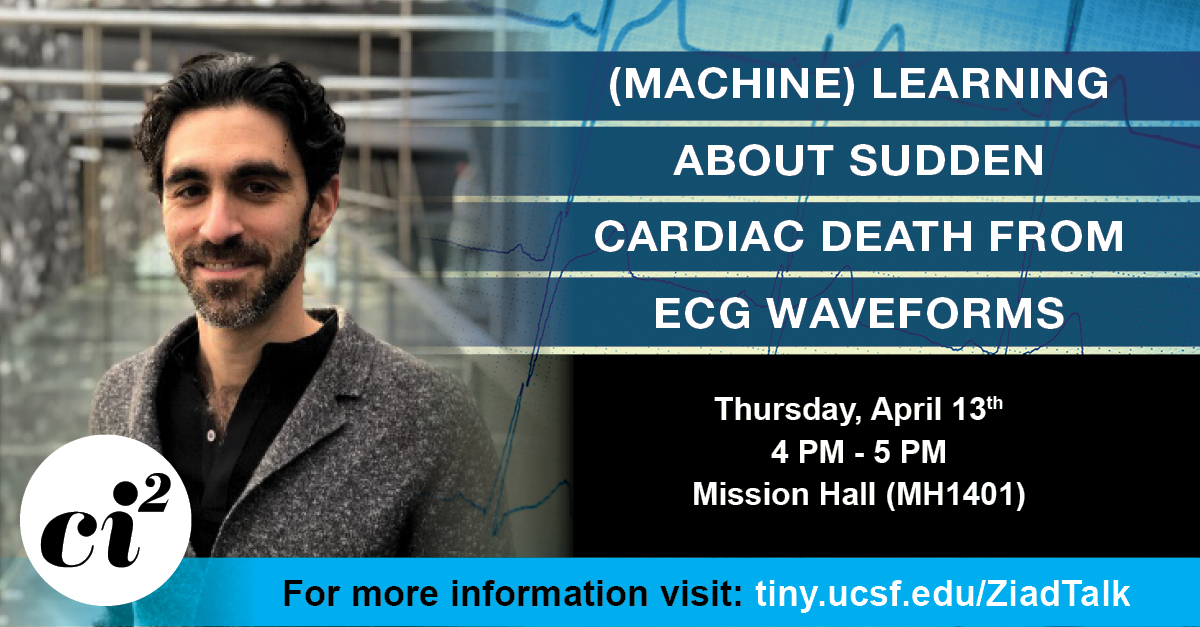 UCSF Center for Intelligent Imaging (@ucsf_ci2) on Twitter photo Mark your calendars! <a href="/UCBerkeley/">UC Berkeley</a>'s Dr. Ziad Obermeyer (<a href="/oziadias/">Ziad Obermeyer</a>) is discussing "(Machine) Learning About Sudden Cardiac Death from ECG Waveforms" on April 13 at 7 pm PST. Get more details here! bit.ly/40ISRqI #MachineLearning Mark your calendars! <a href="/UCBerkeley/">UC Berkeley</a>'s Dr. Ziad Obermeyer (<a href="/oziadias/">Ziad Obermeyer</a>) is discussing "(Machine) Learning About Sudden Cardiac Death from ECG Waveforms" on April 13 at 7 pm PST. Get more details here! bit.ly/40ISRqI #MachineLearning