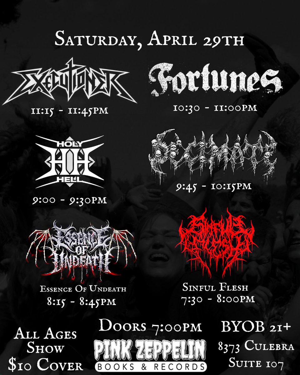 DecimateTx's tweet image. Set times for Saturday April 29th's show at Pink Zeppelin's. All Ages Show - $10 cover
BYOB