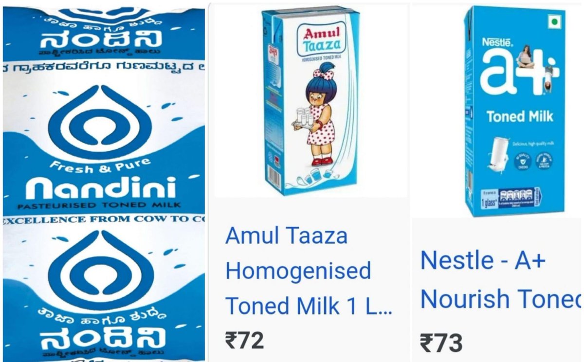 BellamSwathi's tweet photo. #AmulvsNandini or Amul Vs Nestle ?

Here are average prices of 1 liter of different brands of toned milk packets available in South India.

Nandini: ₹ 39 (Karnataka)
Aavin: ₹ 44 (Tamilnadu)
Dodla: ₹ 45 (Telangana)
Milma: ₹ 52 (Kerala)
Amul: ₹ 56 (Gujarat)
Nestle: ₹ 73 (MNC)

Among these, Amul milk in packets isn't available in South. Due to demand for the homogenized toned milk cartons, Amul was planning to sell it online in Karnataka. The average price of the milk is ₹ 72 per liter. That in no way is a competition to Nandini, which sells carton milk at 62₹. Even the normal Amul milk is ₹ 17 costlier than Nandini.

So who is actually benefiting by agitation against Amul ? Look at the next name in the list. It's Nestle's equivalent brand costing ₹ 73 per liter. Nestle is already selling its brand in Karnataka while Amul isn't. So, the ABSOLUTE REALITY of Congress, JDS and all other Anti-Amul agitation is it is NOT about Nandini. It's about Nestle Vs Amul. All the agitators are promoting a multinational brand to condemn the most revolutionary of all Indian brands, that is Amul.

What about Amul taking over KMF ? Utter nonsense. Amul already buys milk from KMF for their ice creams because KMF is the cheapest provider. Just like the "Fake farmer agitation" and "Anti-CAA agitation", the Anti-Amul agitation is a politically motivated "fake issue" aimed at dividing people and dividing India. Nothing more, nothing less.

People of Karnataka must see through these dangerous plans of Congress and other opposition parties and defeat their nefarious designs.
Courtesy @govindraj70