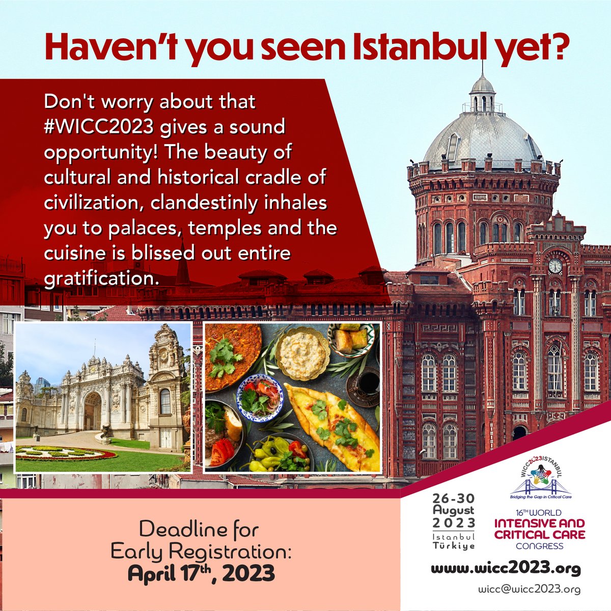 WICC2023 (@wicc2023) on Twitter photo Haven't you seen Istanbul yet? Don't worry about that #WICC2023 gives a sound opportunity! The beauty of cultural and historical cradle of civilization, clandestinly inhales you to palaces, temples and the cuisine is blissed out entire gratification.
<a href="/ECCC_DUBAI/">ECCCDUBAI</a>
<a href="/SaudiCCSociety/">The Saudi Critical Care Society</a> Haven't you seen Istanbul yet? Don't worry about that #WICC2023 gives a sound opportunity! The beauty of cultural and historical cradle of civilization, clandestinly inhales you to palaces, temples and the cuisine is blissed out entire gratification.
<a href="/ECCC_DUBAI/">ECCCDUBAI</a>
<a href="/SaudiCCSociety/">The Saudi Critical Care Society</a>