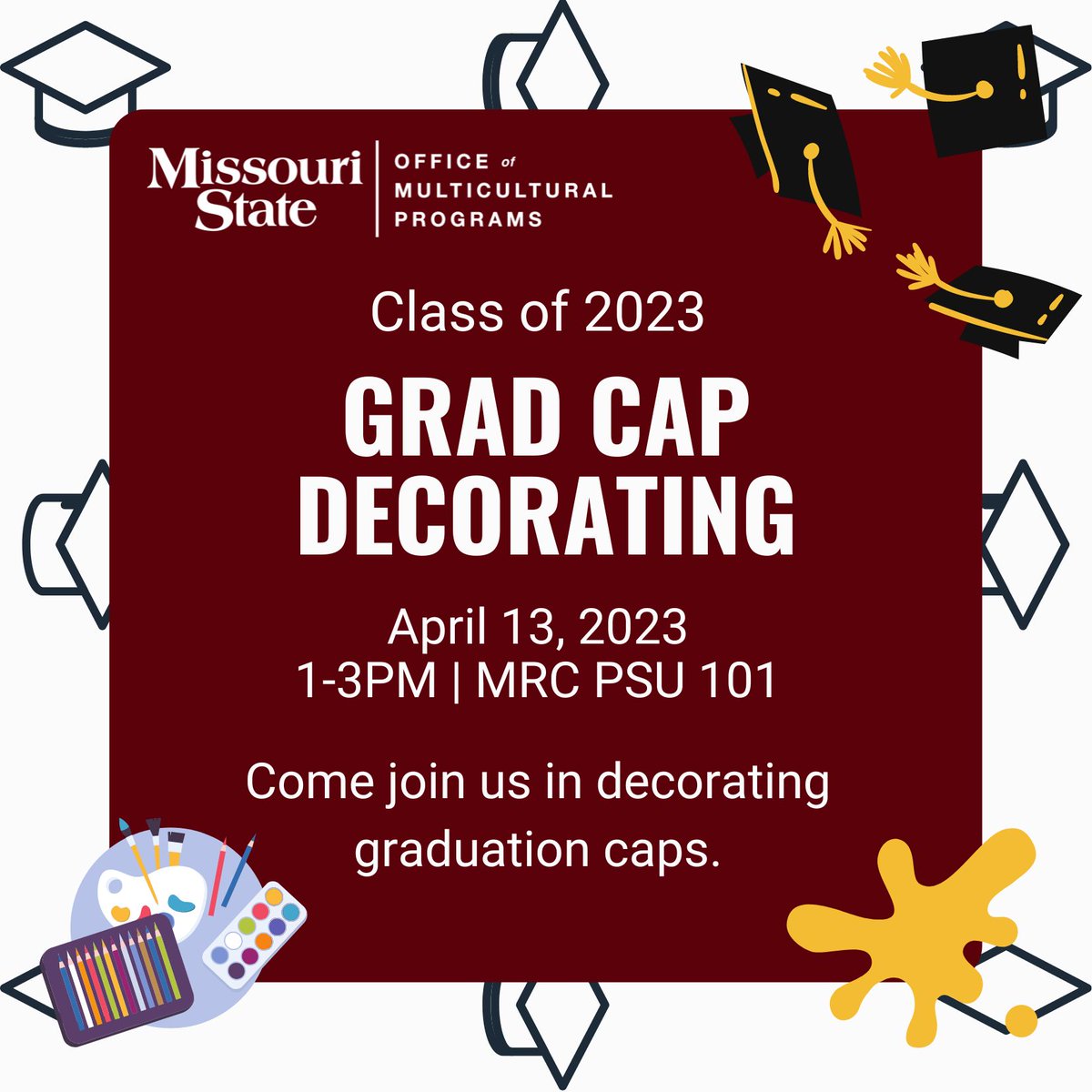 Are you a senior?

Do you have ideas for decorating caps? Do you need ideas?

Come by this Thursday we got the supplies ready!

SAC will have a night time craft event where you can finish your work if you do not get it all done :)!