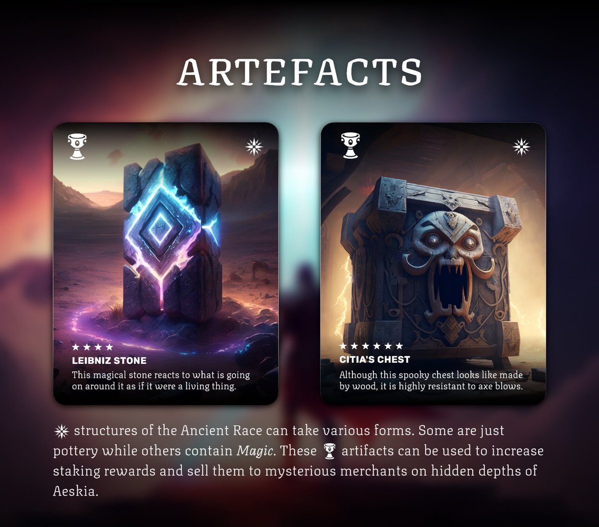 Two of these artefacts have been revealed so far. So many others are waiting to be collected all across the continent of Aeskia🗺️ 

Engage to rise. 

#CNFT #CNFTCommunity #CNFTProject #Cardano #CardanoCommunity #CardanoNFT