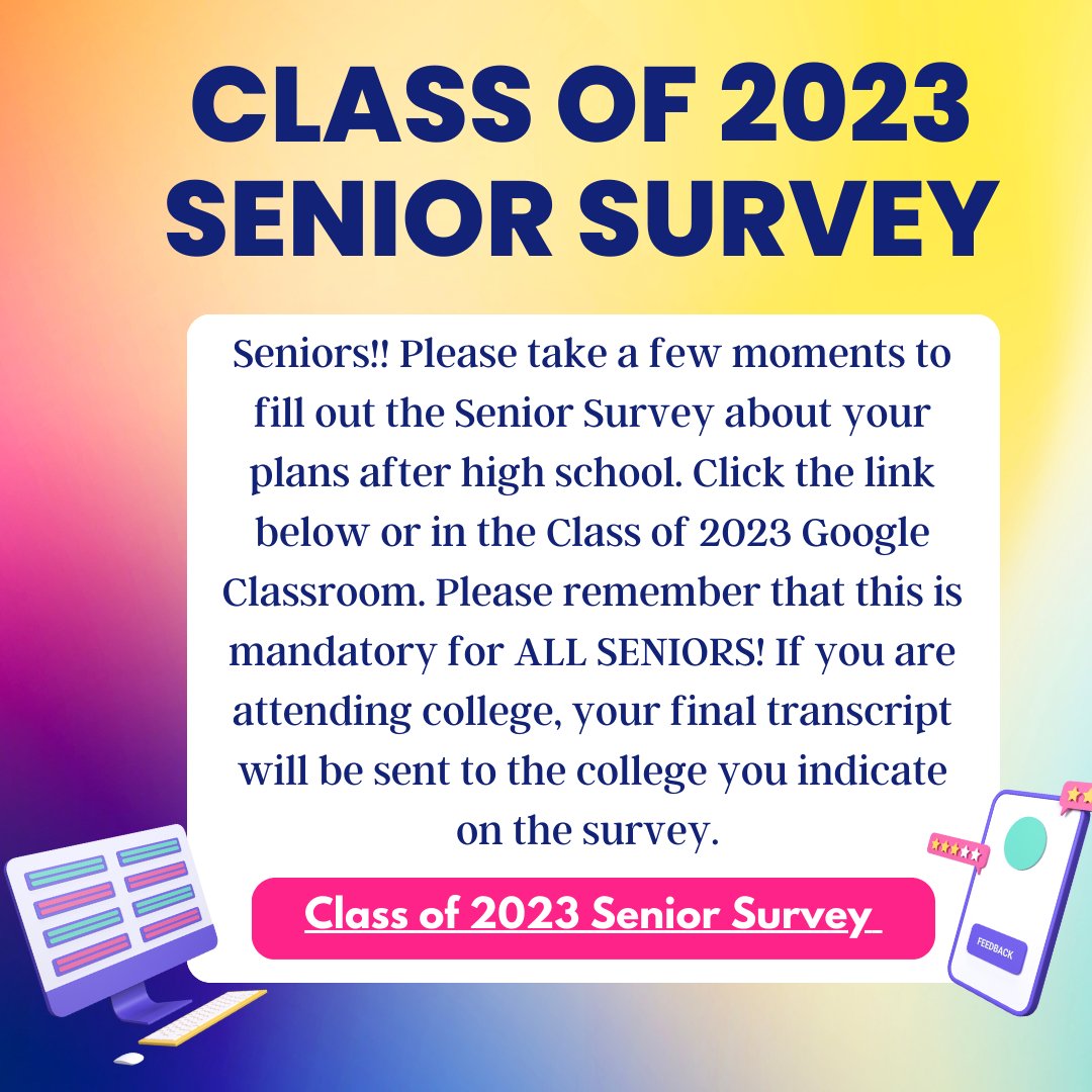 Seniors! It's time to fill out your senior survey! Please remember that this is mandatory for ALL SENIORS! You must complete it if you'd like us to send your final transcript to the college you will be attending next year. <a href="/wh_classof2023/">WH SENIORS 2023</a> <a href="/DrCSJones/">Christopher Jones</a> #whpantherpathways