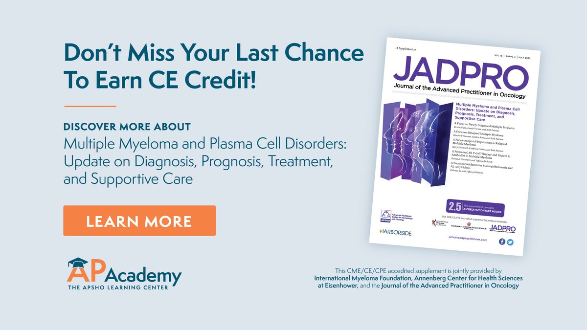 APSHOorg's tweet photo. #AdvancedPractitioners earn up to 2.5 CE credits discovering more about Multiple Myeloma and Plasma Cell Disorders, developed by members of the IMF Nurse Leadership Board.
Learn more: https://t.co/3sUyCMdkoD
#MYELOMA #APSHO #OncologyEducation #APacademy #JADPROce https://t.co/Rb5wPSgoMK