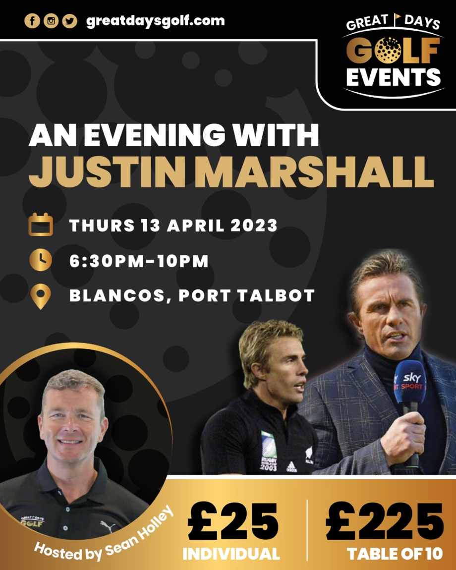 Our first #GDGEvent of the year... An evening with Justin Marshall hosted by @_SeanHolley. No golf, just food, a few drinks & an evening full of entertainment. For tickets, please visit bit.ly/GDGJustin23 *Includes 2-course carvery dinner #GreatDaysGolfEvents