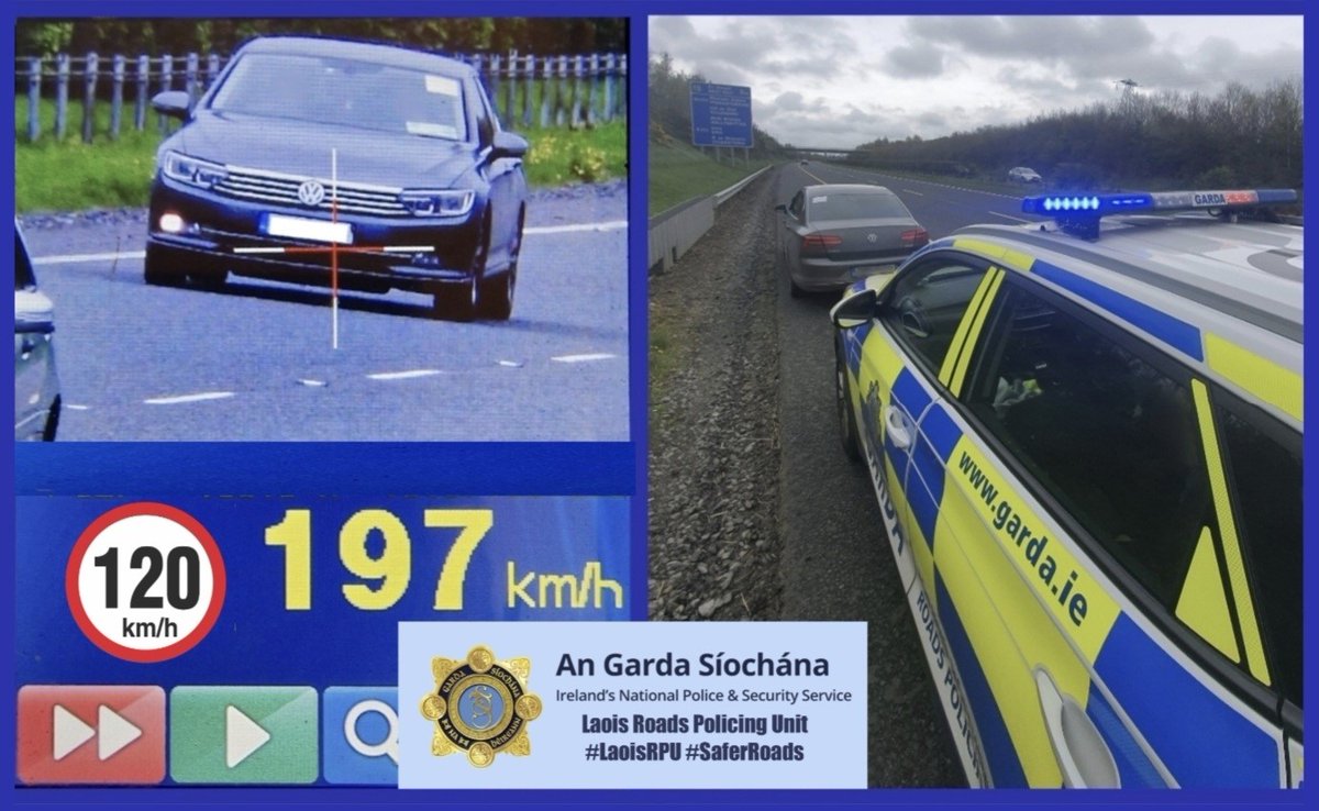 Laois Roads Policing Unit carrying out speed checks on the M7 stopped this car after it was found travelling at 197kph. 

The driver was arrested and faces court.

#ItsAJobWorthDoing #SaferRoads