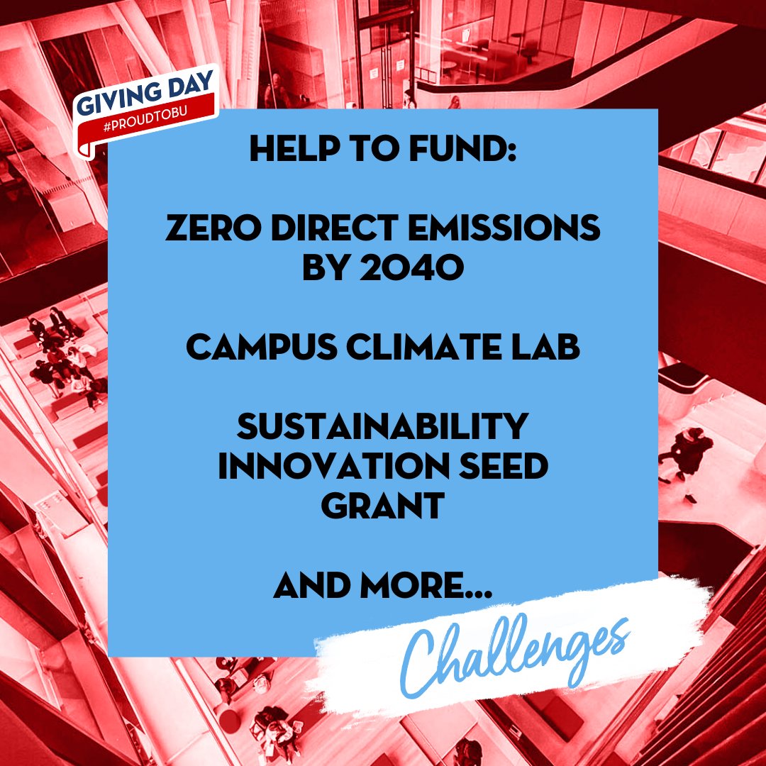 #BUGivingDay is TODAY! Your gifts help us to fund initiatives such as Zero Direct Emissions by 2040 and student leadership programs at the Campus Climate Lab and Sustainability Innovation Seed Grant. ♻️

Donate here: givingday.bu.edu/campaigns/sust…