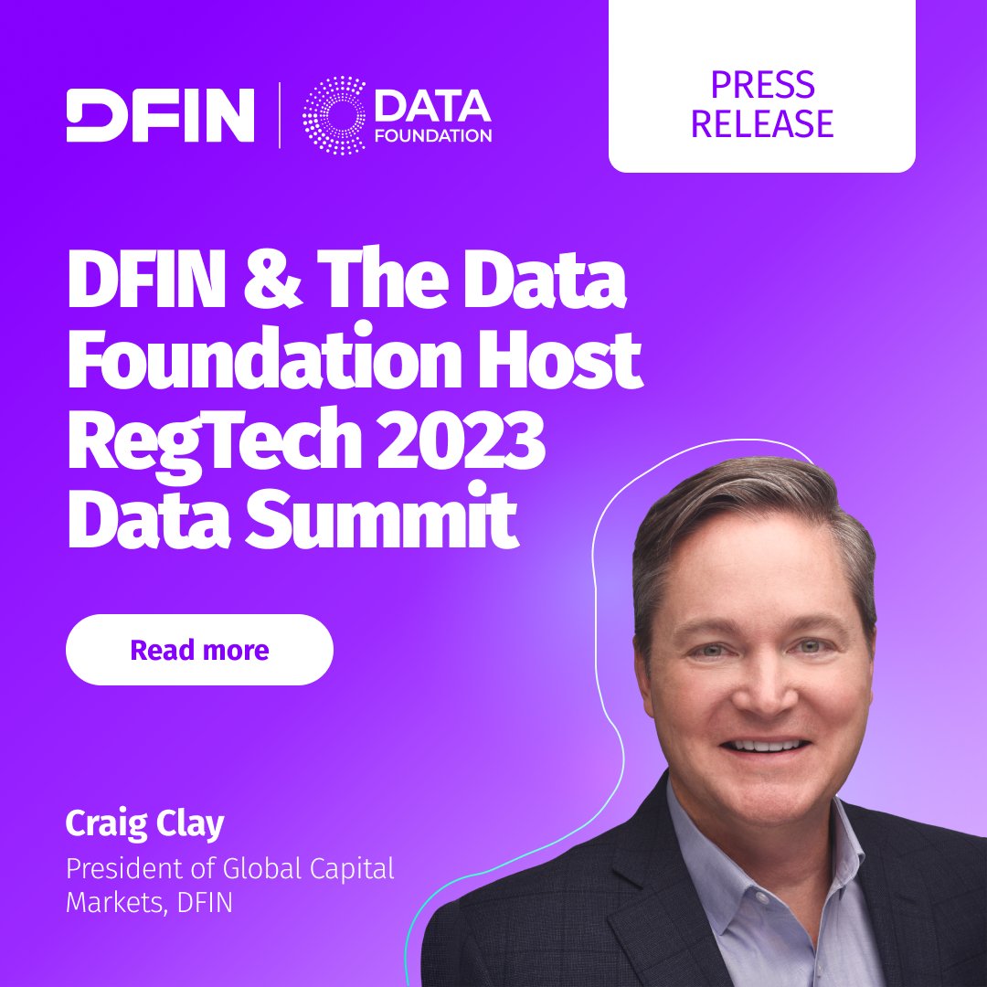 DFINSolutions's tweet photo. DFIN is the title sponsor at the @data_foundation #RegTech23 Data Summit. At today’s event the focus is data modernization under the Financial Data Transparency Act. Speakers include @craigdclay and @SECGov Commissioner @HesterPeirce 

Read more: https://t.co/TDZ29y9ul9 https://t.co/HEJDmbvuxd