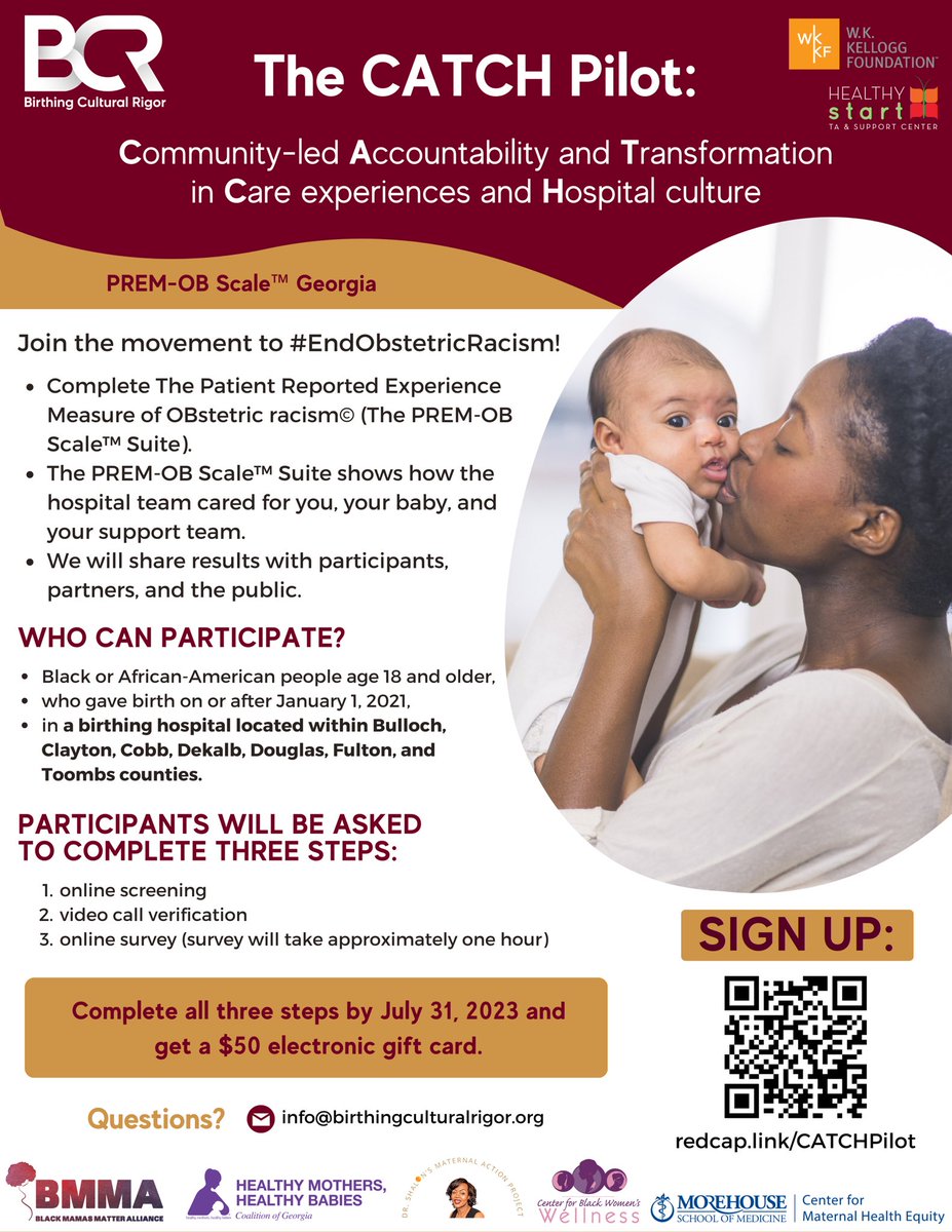 RJEpiOBWarrior's tweet image. We need 450 Black mothers and birthing who gave birthing in hospitals in select counties in Georgia ! Sign up today!
Thanks to our local, state &amp;amp; national GA partners @BlkMamasMatter @HMHBGeorgia @ShalonsMAP @MSMEDU 
#CenterForMaternalHealthEquity #CenterForBlackWomensWellness