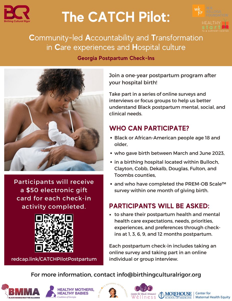 RJEpiOBWarrior's tweet image. We need 450 Black mothers and birthing who gave birthing in hospitals in select counties in Georgia ! Sign up today!
Thanks to our local, state &amp;amp; national GA partners @BlkMamasMatter @HMHBGeorgia @ShalonsMAP @MSMEDU 
#CenterForMaternalHealthEquity #CenterForBlackWomensWellness