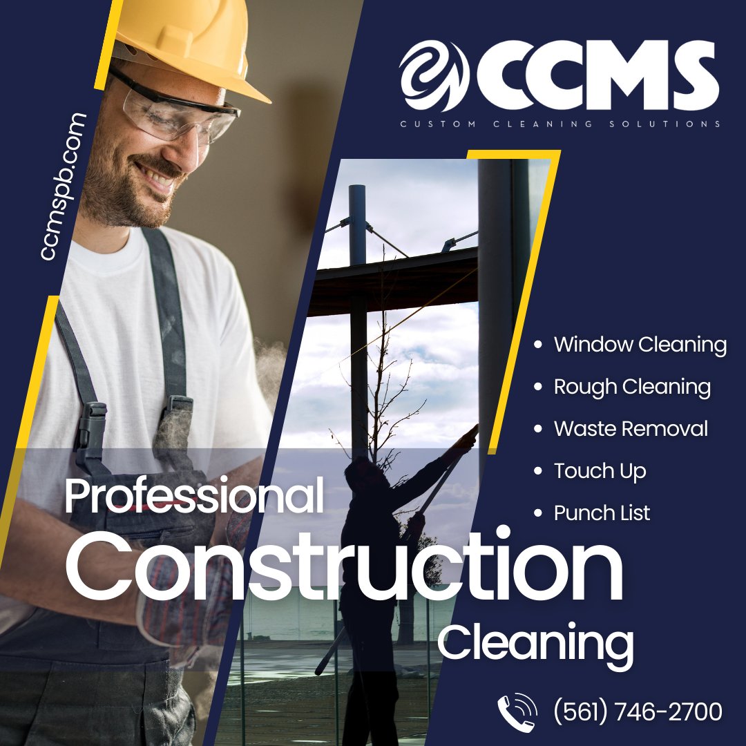 At 𝑪𝑪𝑴𝑺, we understand ALL 𝗰𝗵𝗮𝗹𝗹𝗲𝗻𝗴𝗲𝘀 within the trade.

CONTACT US TODAY: 
☎️ (561) 746-2700 
🌐 ccmspb.com 

#CCMS #ConstructionCleaning #projectadministration #operations #localregulations #palmbeachcounty