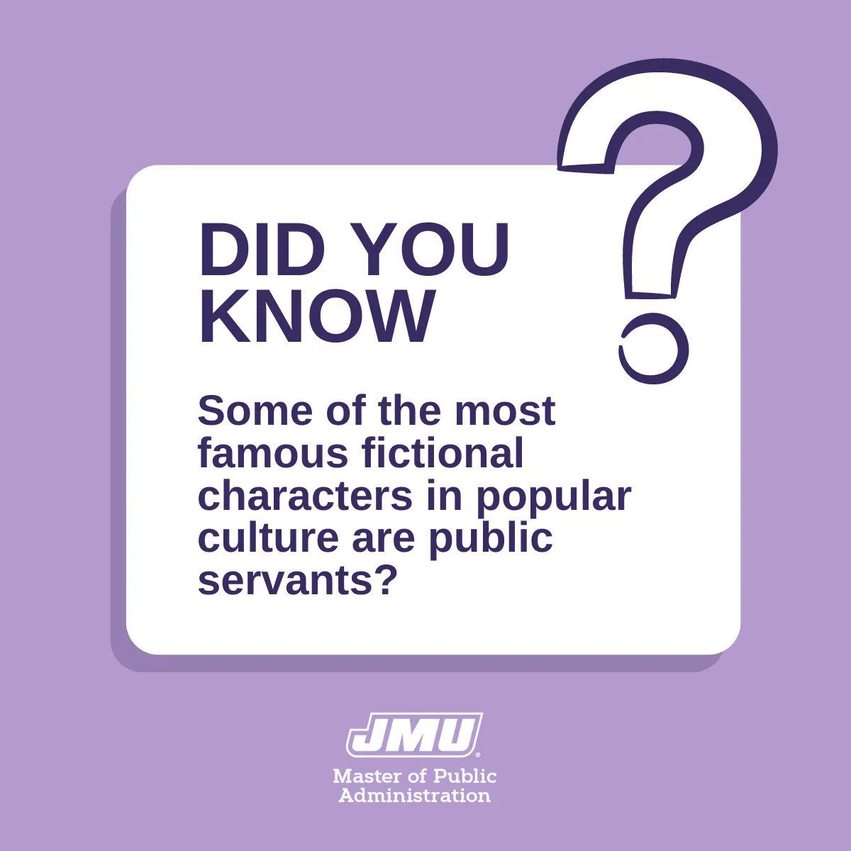 MPA_JMU's tweet photo. Some of the most famous fictional characters in popular culture are public servants. Like: Leslie Knope, the optimistic and ambitious public servant from the TV show "Parks and Recreation," and Sam Seaborn, Deputy Communications Director from "The West Wing." https://t.co/syOTWrTGwN