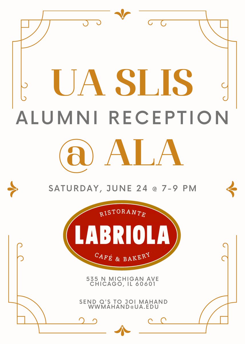 If you are attending the ALA conference in June or will be in the area, please join us at the SLIS alumni reception, June 24 from 7-9 pm at Labriola Chicago.