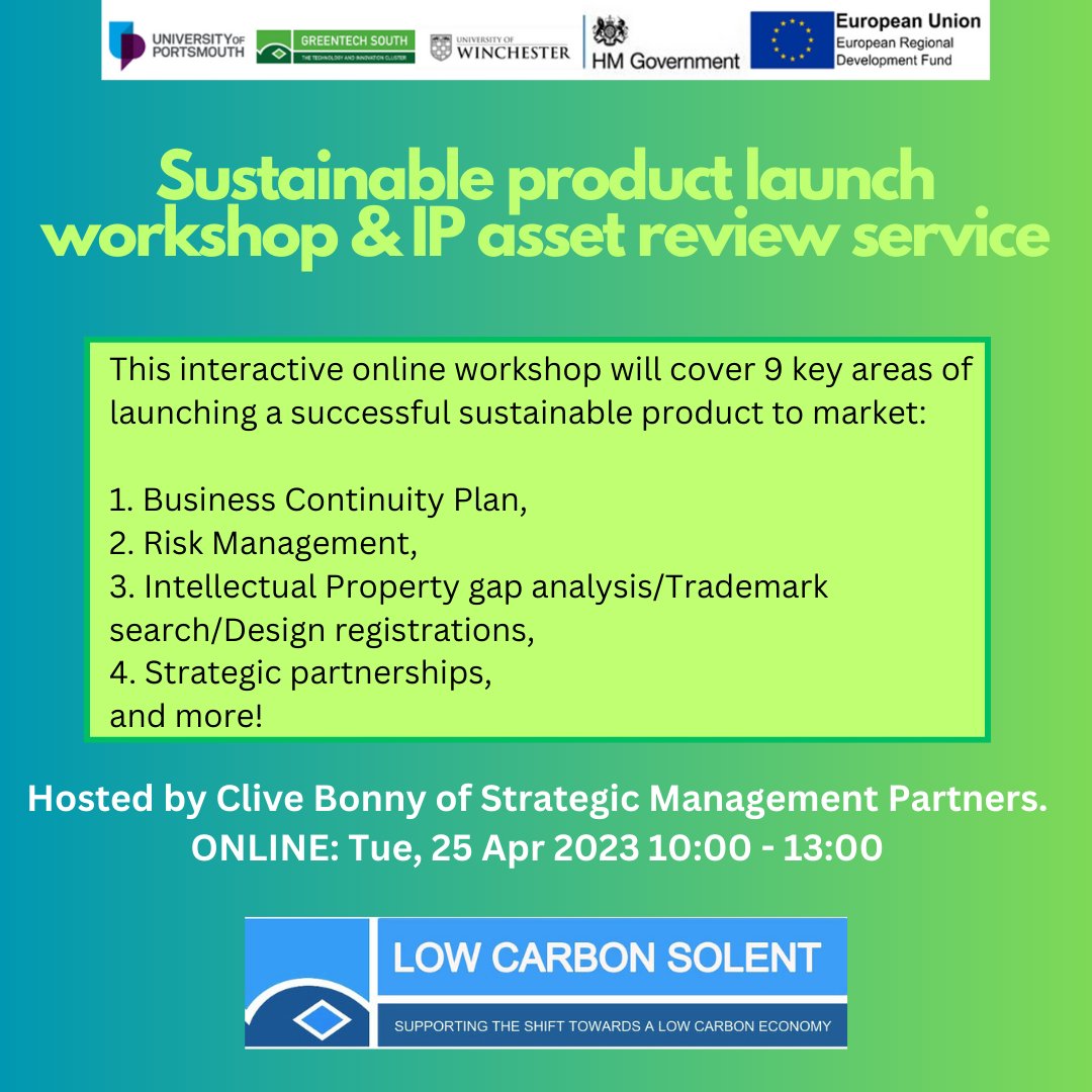 This workshop is designed to support SMEs to launch their low carbon, sustainable products, continuing with this workshop offering a free IP asset review & also advice on launching a successful low carbon product to market. 25th April. Info and tickets: eventbrite.co.uk/e/sustainable-…