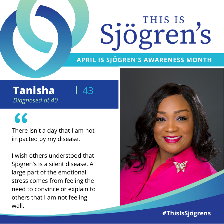 SjogrensOrg's tweet photo. Tanisha 43 (diagnosed at 40)
"There isn't a day that I am not impacted by my disease." #ThisIsSjögrens #SjögrensAwarenessMonth

Click here to learn more about Sjögren’s Awareness Month and how to share your story: https://t.co/TQP278Mh74 https://t.co/T9FxfjcpPu