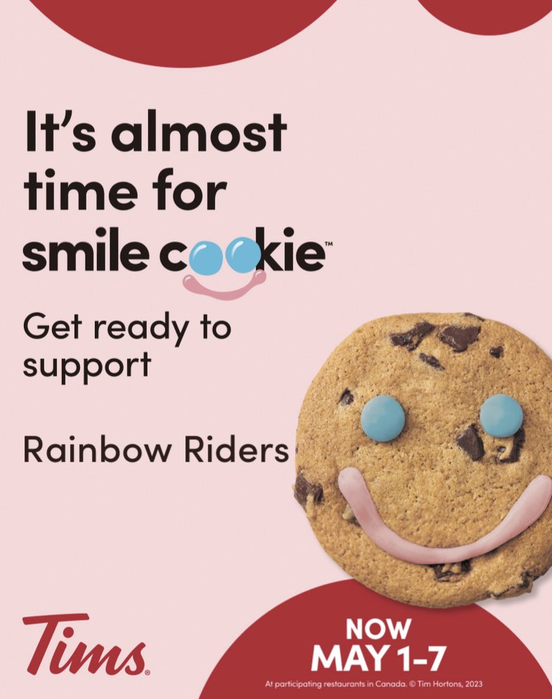 rainbowridersnl's tweet photo. Sweet news!!🍪🍪 @TimHortons 
Smile Cookie is back this spring, starting May 1st in support of Rainbow Riders 🌈🐴 and Parkinson Society of NL. Pre-order today for your office or group! #smilecookie #rainbowridersnl #timhortonscanada https://t.co/3Fm0fwSr0D