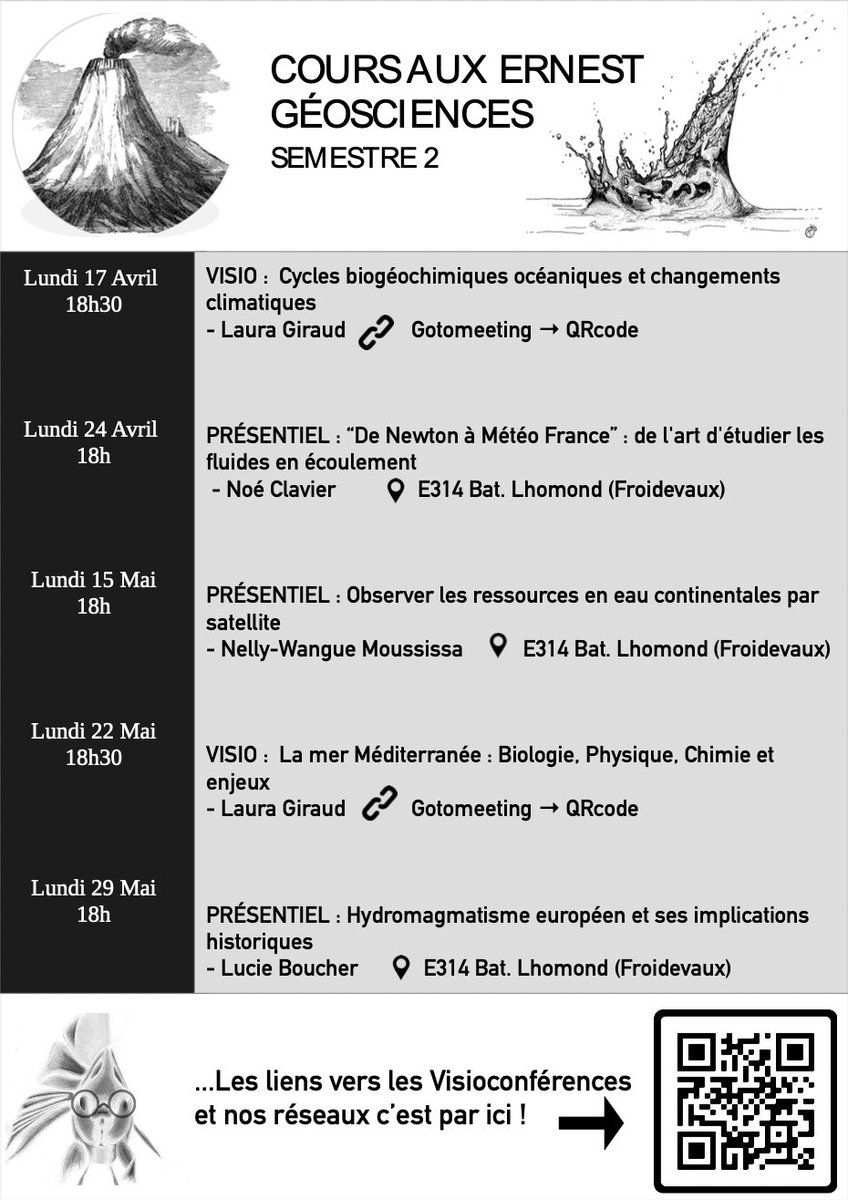 *COURS AUX ERNEST 2e SEMESTRE* Les cours aux Ernest de géosciences reprennent. Voici le nouveau programme, qui, sans aucune concertation, tourne autour de l'#eau... (Océano, mécanique des fluides, ressources en 💧 et hydromagmatisme 🌋). L'accès est libre!