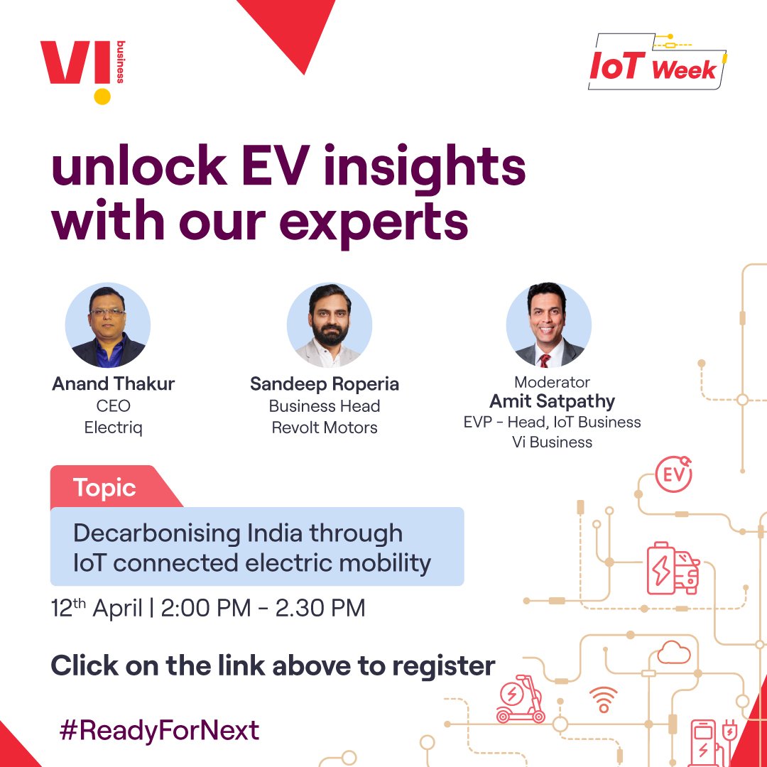 Gear up for the discussion with our experts on how #IoT is contributing to revolutionize the #EV industry. Don't forget to register here buff.ly/3ZNLqgT

#BeFutureReady #ReadyForNext #WorldIoTDay #ElectricVehicles #IoTDay