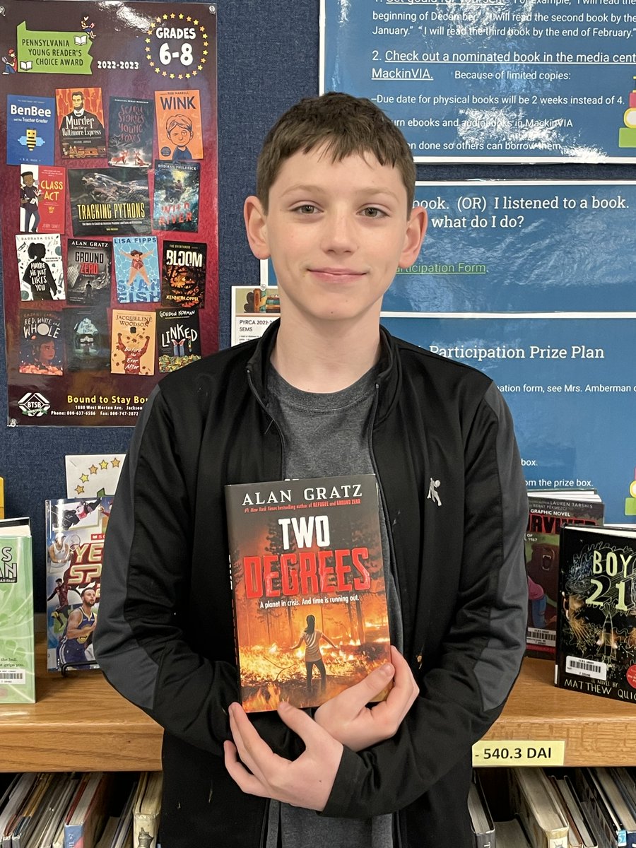 SEMS Media Center--Congratulations, Matthew Kelley!  He won a hardback copy of Two Degrees by Alan Gratz.