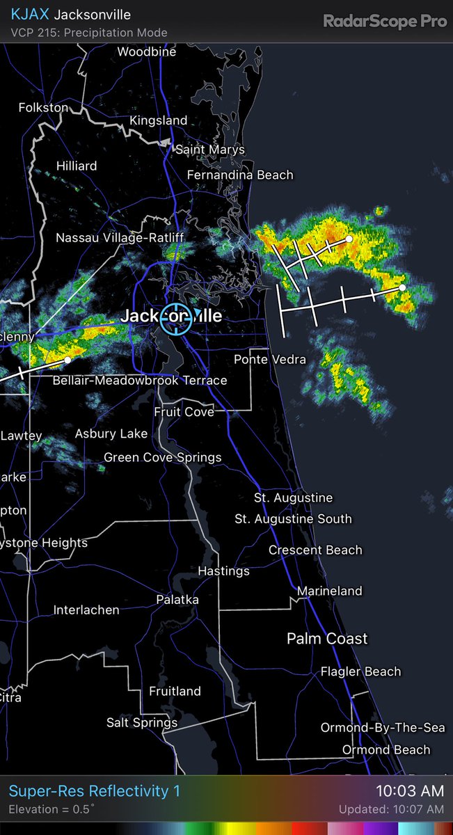 WeatherLauren's tweet photo. Another batch of showers blowing into Duval County from the same fetch of moisture streaming in from the Atlantic. Drier north and south! Clearer later this afternoon. #FCNStorm https://t.co/5kbMz0LKm6