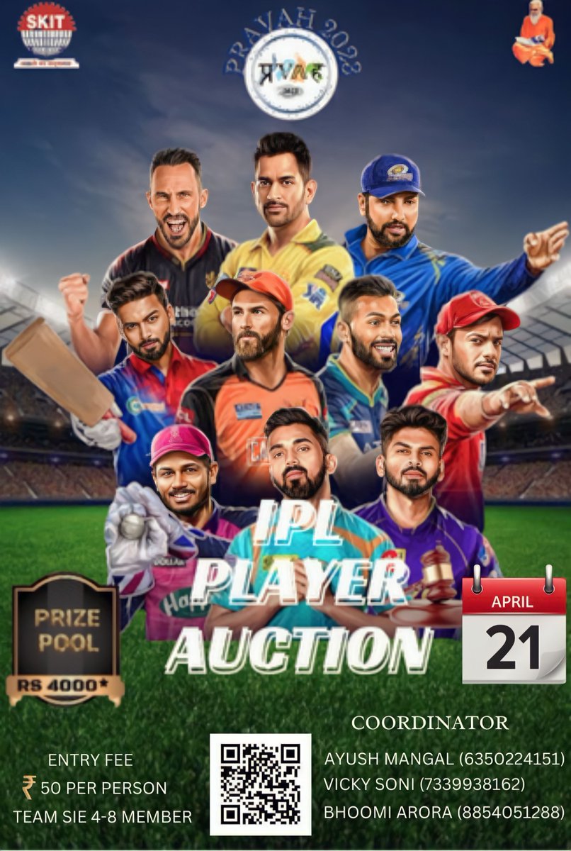 It's the time to show your cricket knowledge and Skills.🏏🎾

So here we bring you an opportunity to get real feeling of Building your own team🤩 .
Presenting to you -
" IPL AUCTION " @ PRAVAH 2023

Register now!